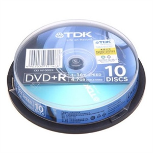 【当当销售配送】TDK DVD+R 16X 4.7GB 彩版蓝 10片桶装 刻录盘