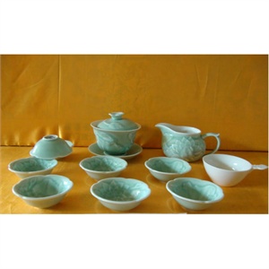 （包邮）苏氏浅绿釉浮雕荷花功夫茶具 13头 75377
