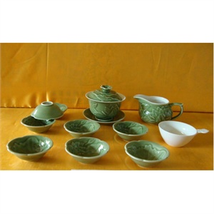 （包邮）苏氏绿釉浮雕荷花功夫茶具 13头 75378