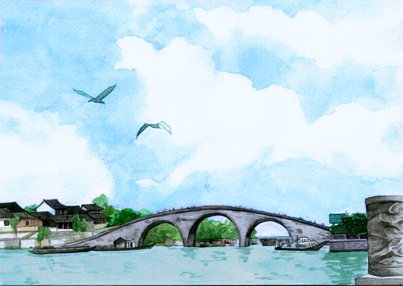 手绘京杭大运河沿岸风情图